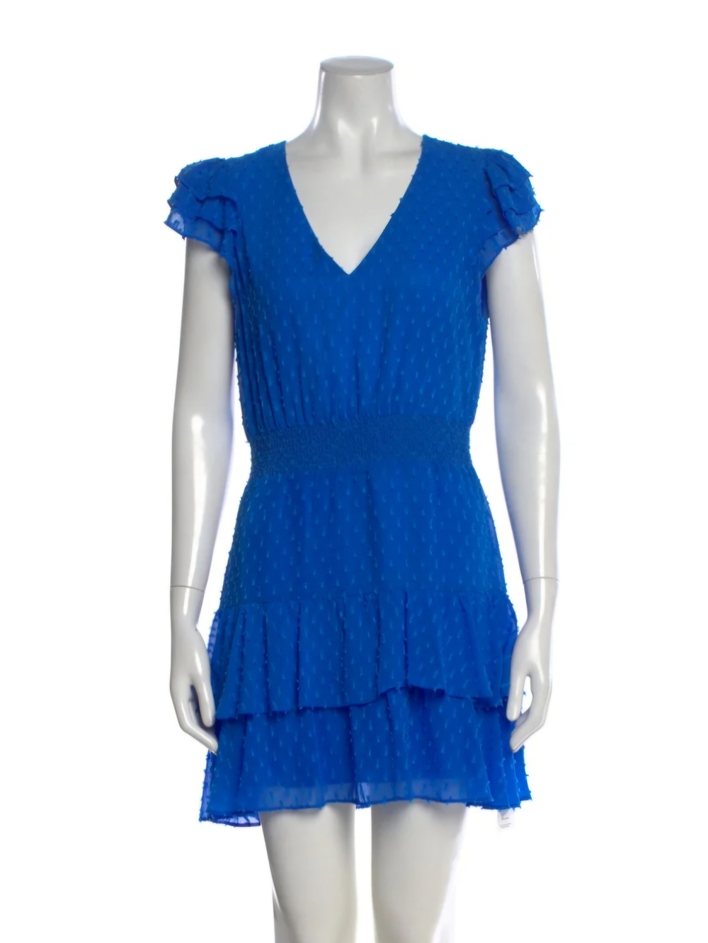 Alice + Olivia Cobalt V‑Neck Tiered Ruffle Mini Dress